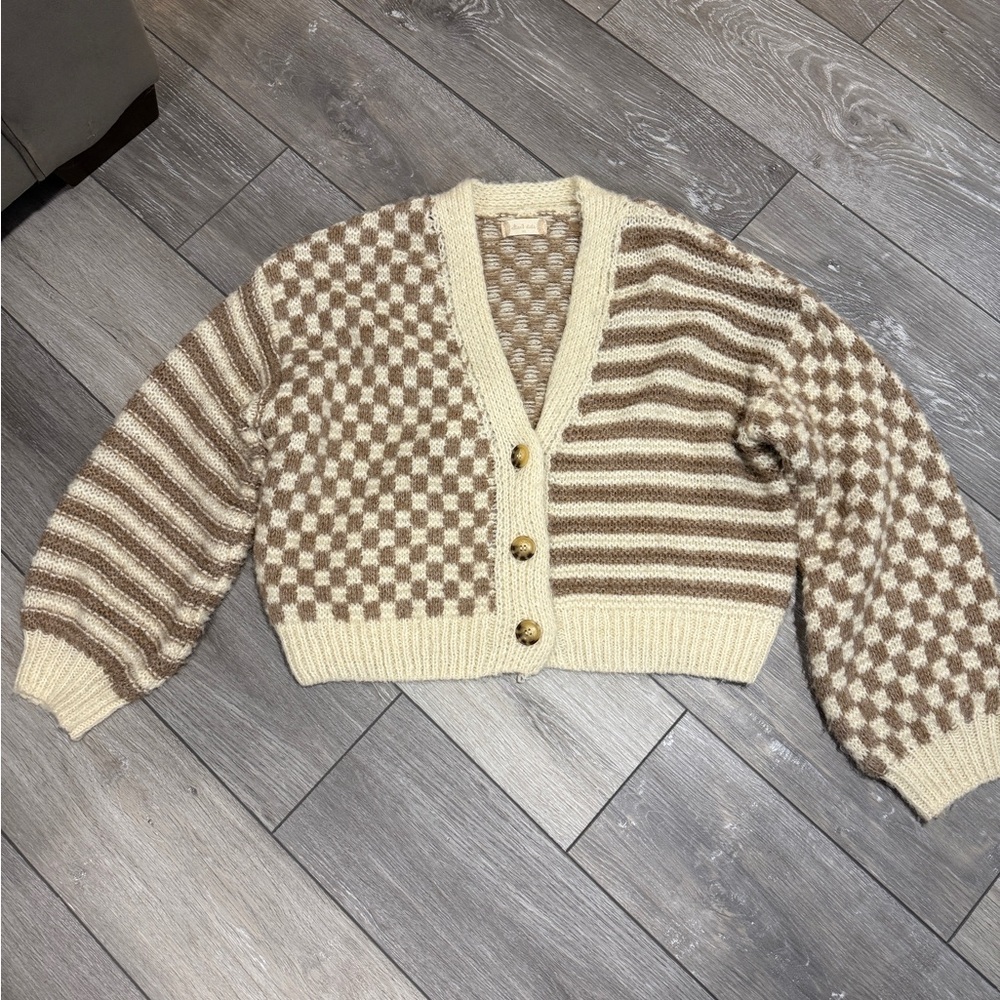 Altar'd State Cream and Brown Checkered Cardigan